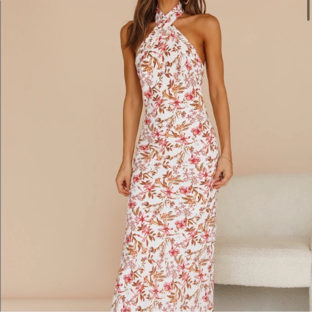 Halter Floral Maxi Dress in White and Pink